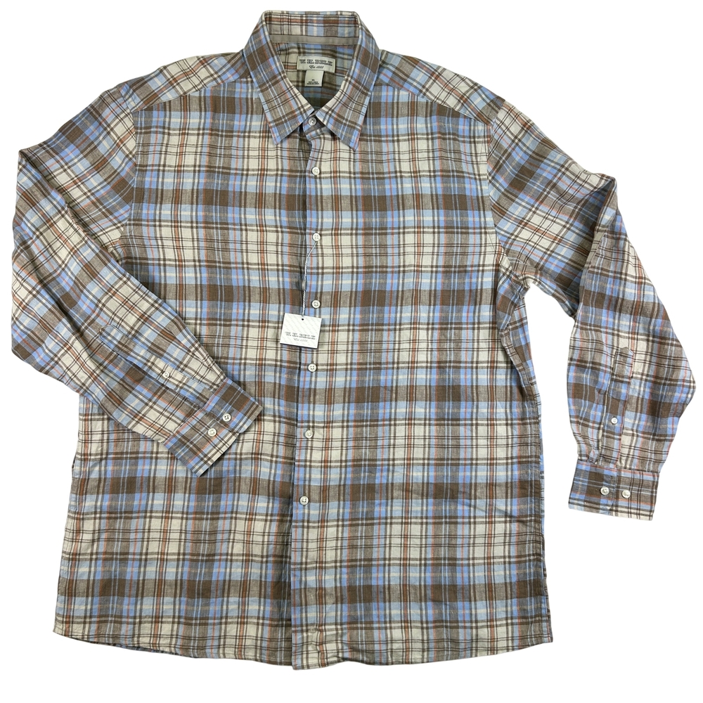 W.H. Belk Shirt Mens XL Brown Blue Plaid Button Down 100% Linen Long Sleeve